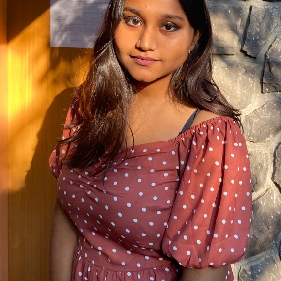 Polka Dotted Flare Pleated Fall Dress with Puffed Sleeves - Picture 2 of 5